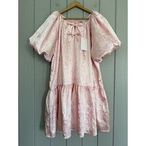 NWT Endless Rose Dress L Large Sheen Bow Detail Pink Satin Puff Sleeves NEW